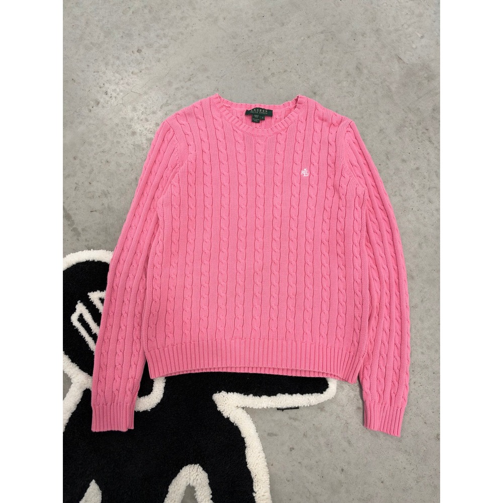 Lauren Ralph Lauren Pink Cable Knit Cotton Sweater Crew Neck RLL Logo Small